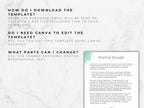 A guide on a marble background explaining how to download and edit the mental health and mood journal template using Canva.