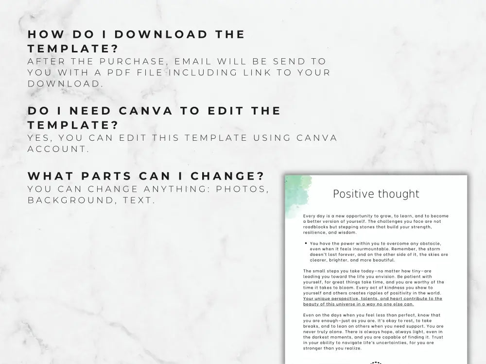 A guide on a marble background explaining how to download and edit the mental health and mood journal template using Canva.
