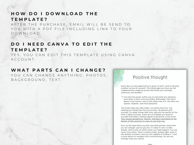 A guide on a marble background explaining how to download and edit the mental health and mood journal template using Canva.