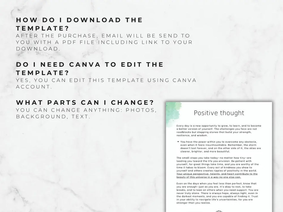 A guide on a marble background explaining how to download and edit the mental health and mood journal template using Canva.