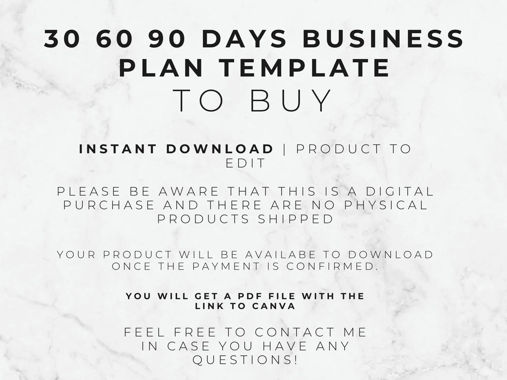 Text on a white background about a 30, 60, 90-day business plan template for purchase.
