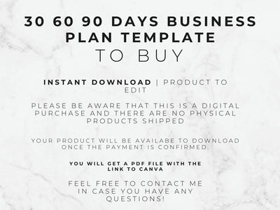 Text on a white background about a 30, 60, 90-day business plan template for purchase.