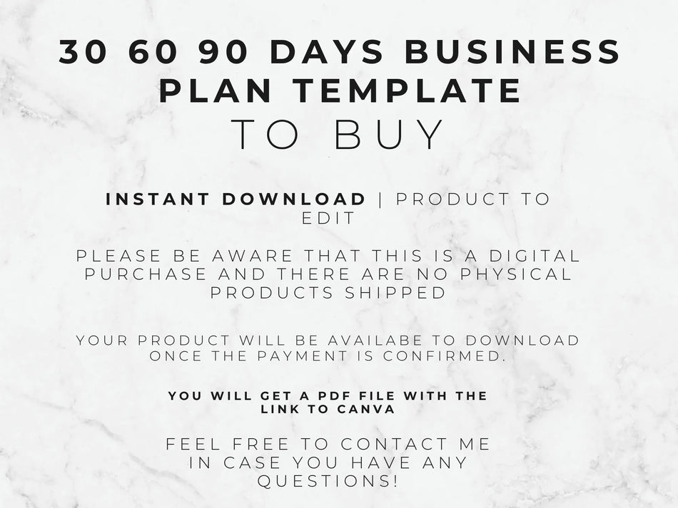 Text on a white background about a 30, 60, 90-day business plan template for purchase.