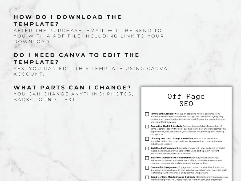 Instructions on how to download and edit a Canva template for Off-Page SEO with a white marble background.