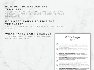 Instructions on how to download and edit a Canva template for Off-Page SEO with a white marble background.