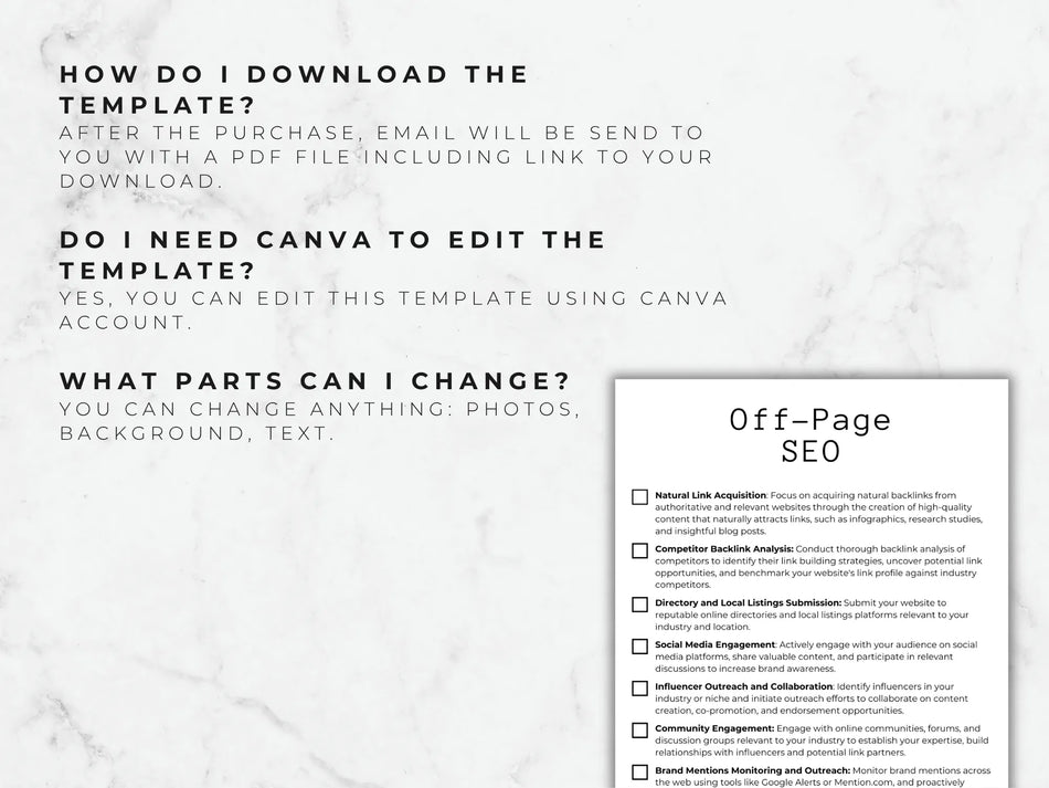 Instructions on how to download and edit a Canva template for Off-Page SEO with a white marble background.