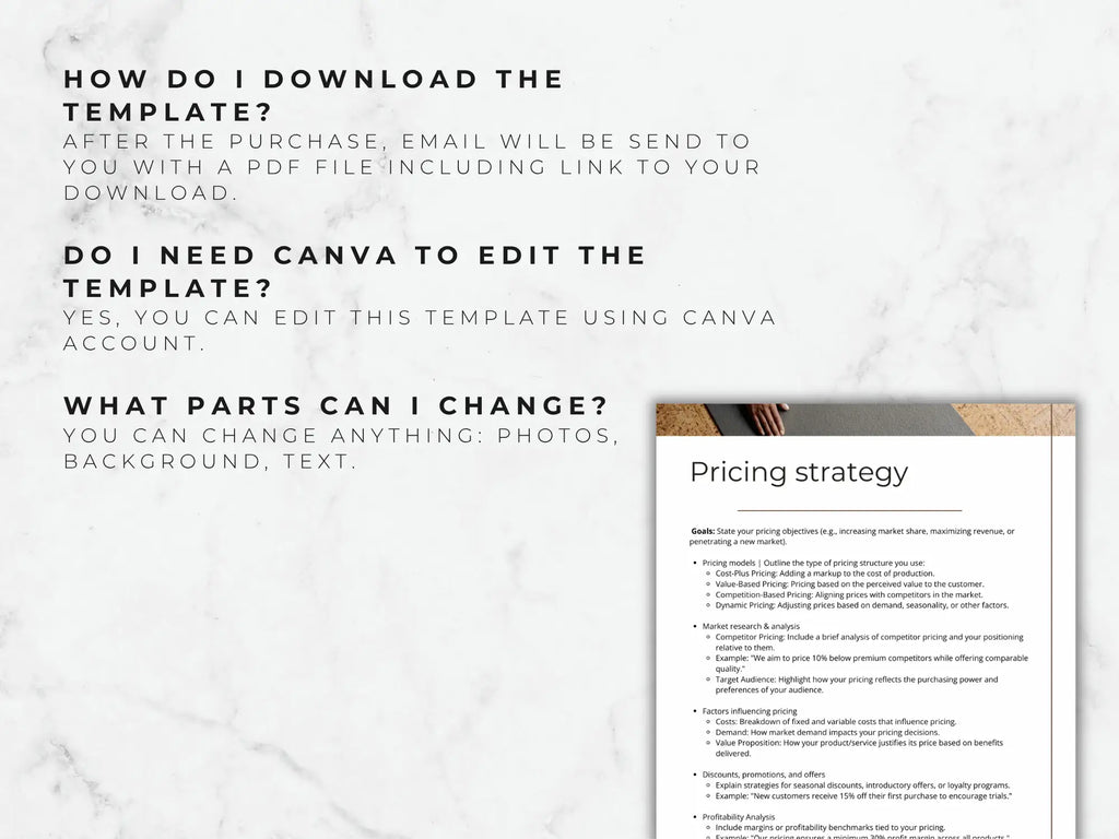 Pricing strategy document on a marble surface with text instructions.