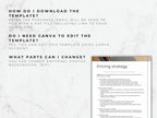 Pricing strategy document on a marble surface with text instructions.