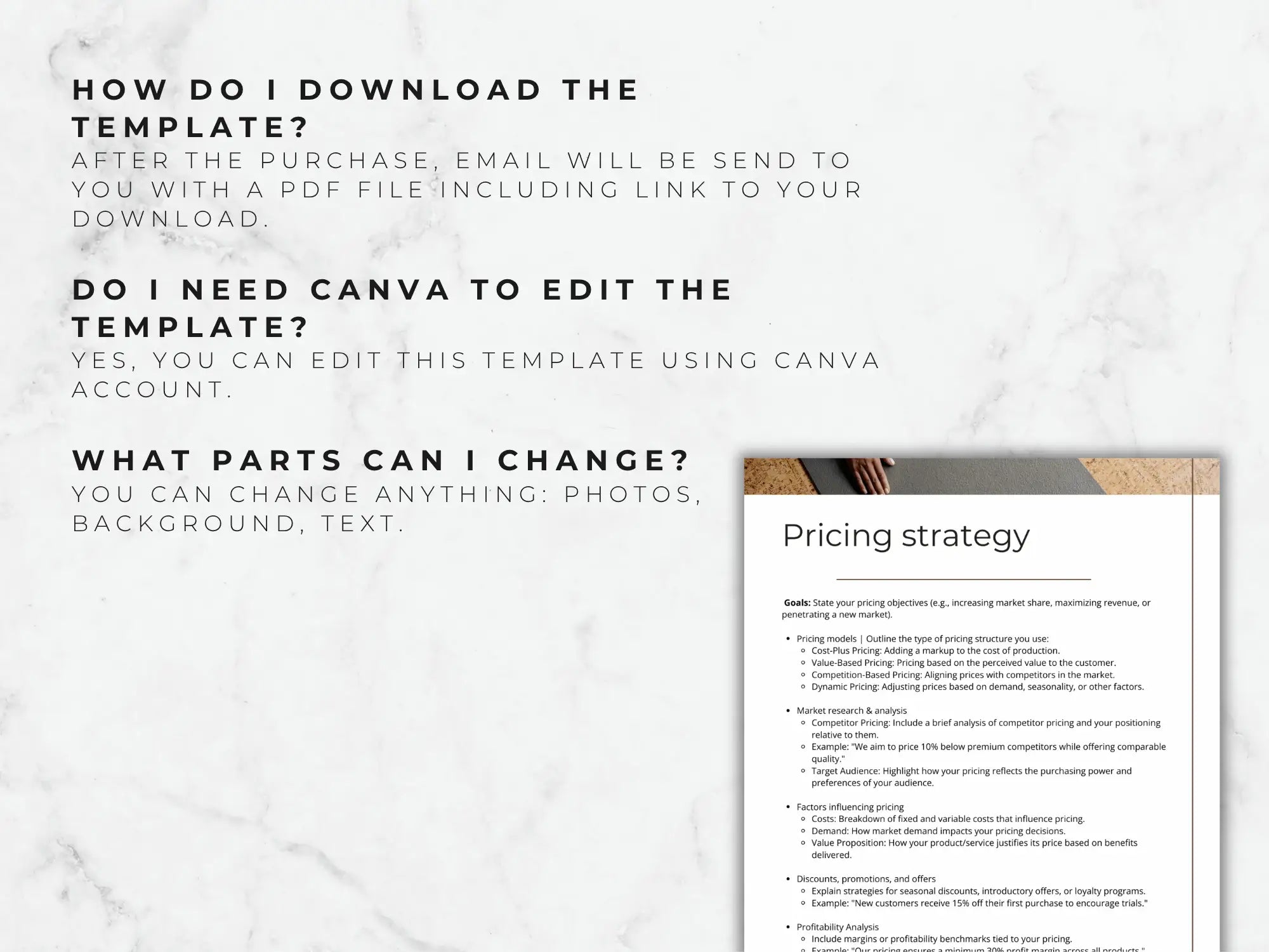 Pricing strategy document on a marble surface with text instructions.