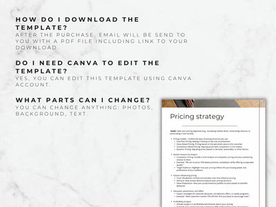 Pricing strategy document on a marble surface with text instructions.