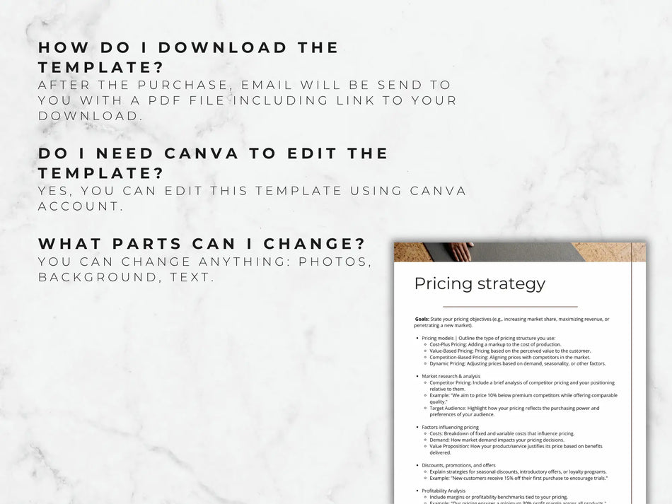 Pricing strategy document on a marble surface with text instructions.