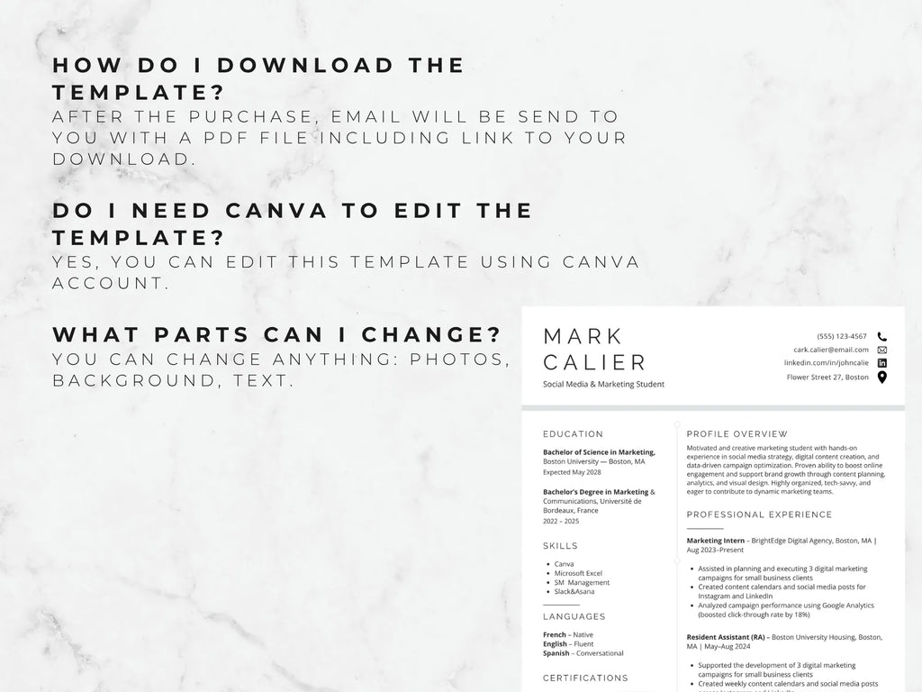 Resume template with contact information and text on a white background
