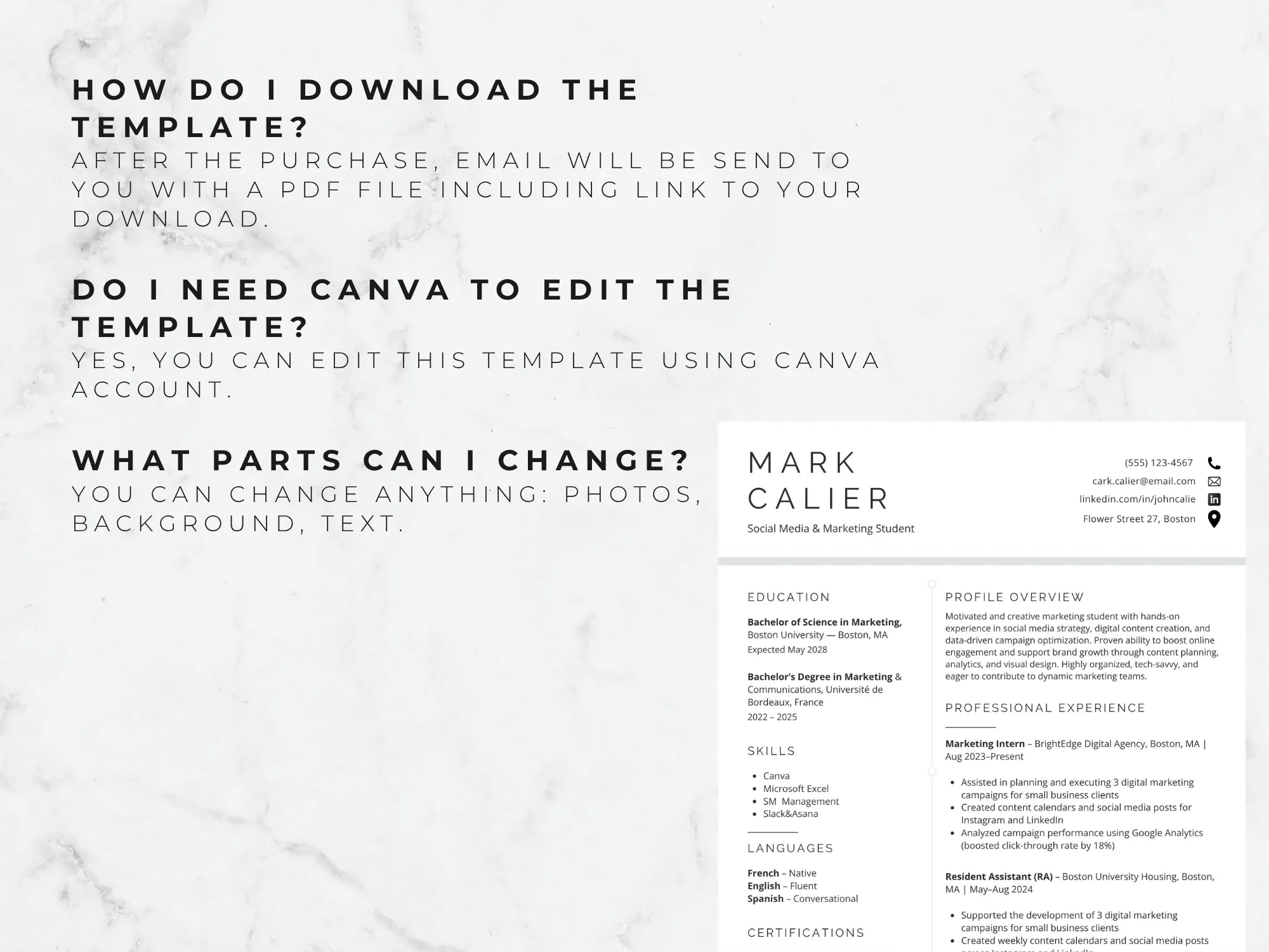 Resume template with contact information and text on a white background
