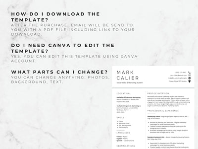 Resume template with contact information and text on a white background