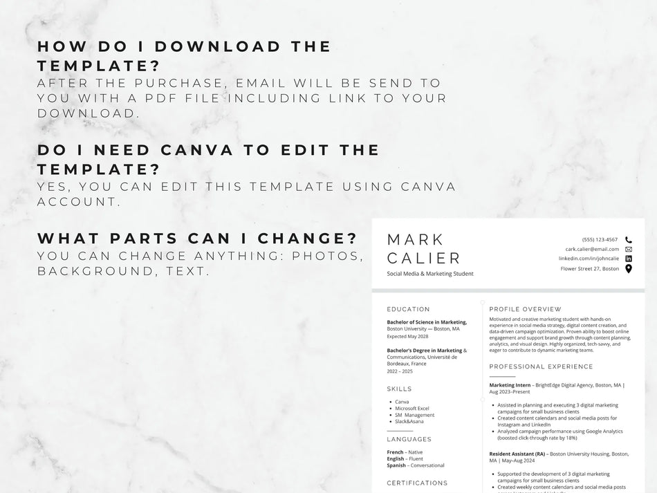 Resume template with contact information and text on a white background