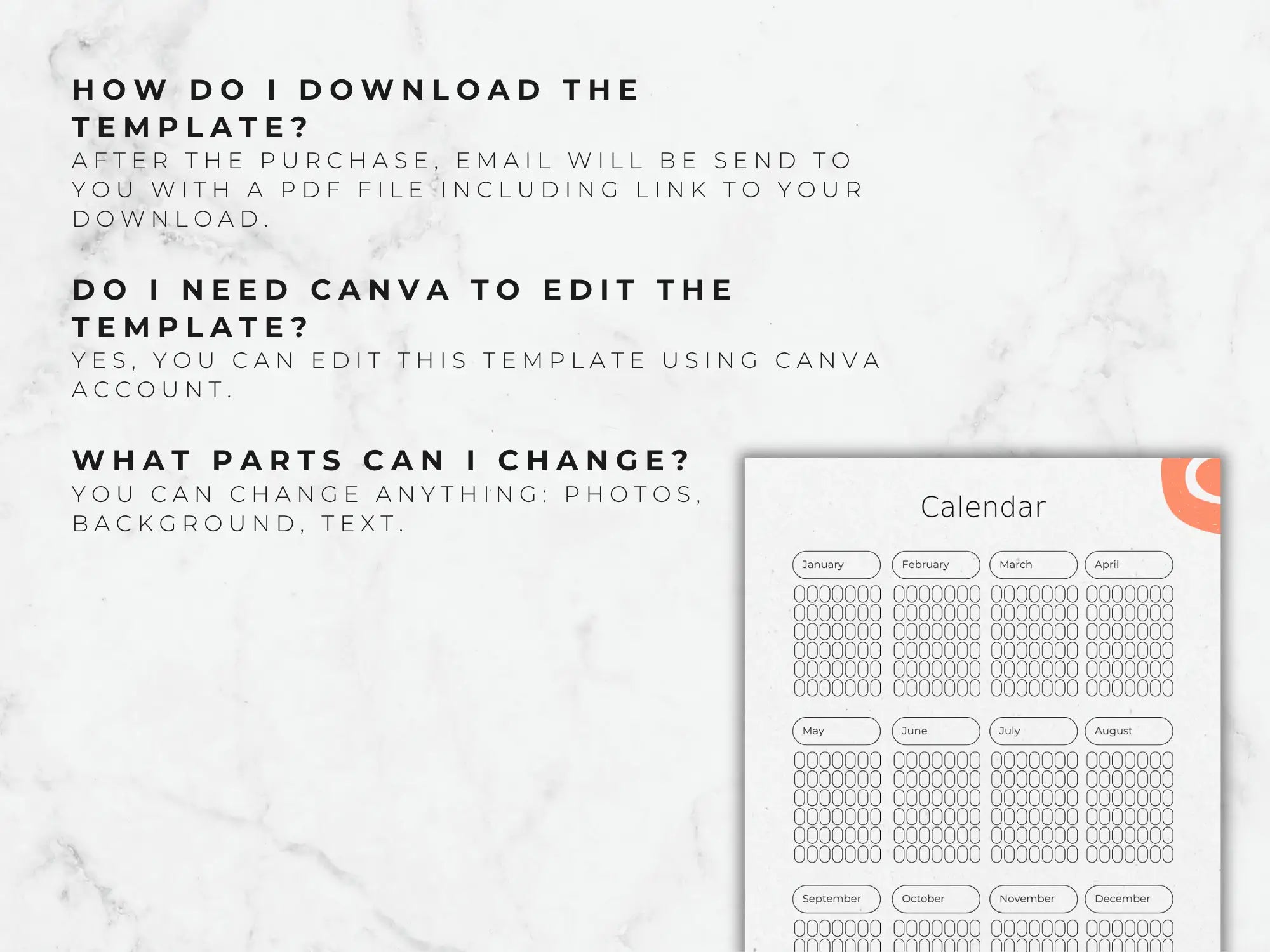Calendar template with text instructions on a marble background