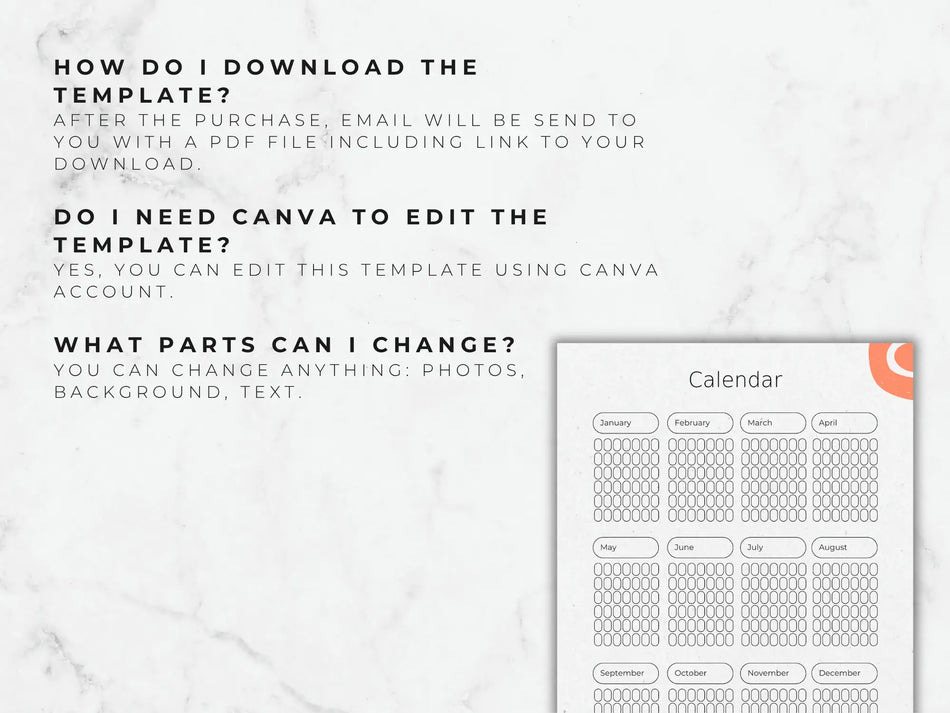 Calendar template with text instructions on a marble background