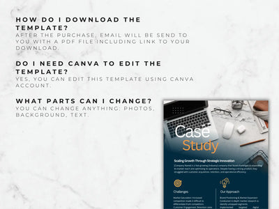 An FAQ page explaining the download process and showing a sample case study page from the business plan
