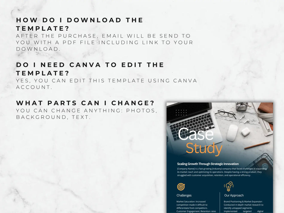 An FAQ page explaining the download process and showing a sample case study page from the business plan
