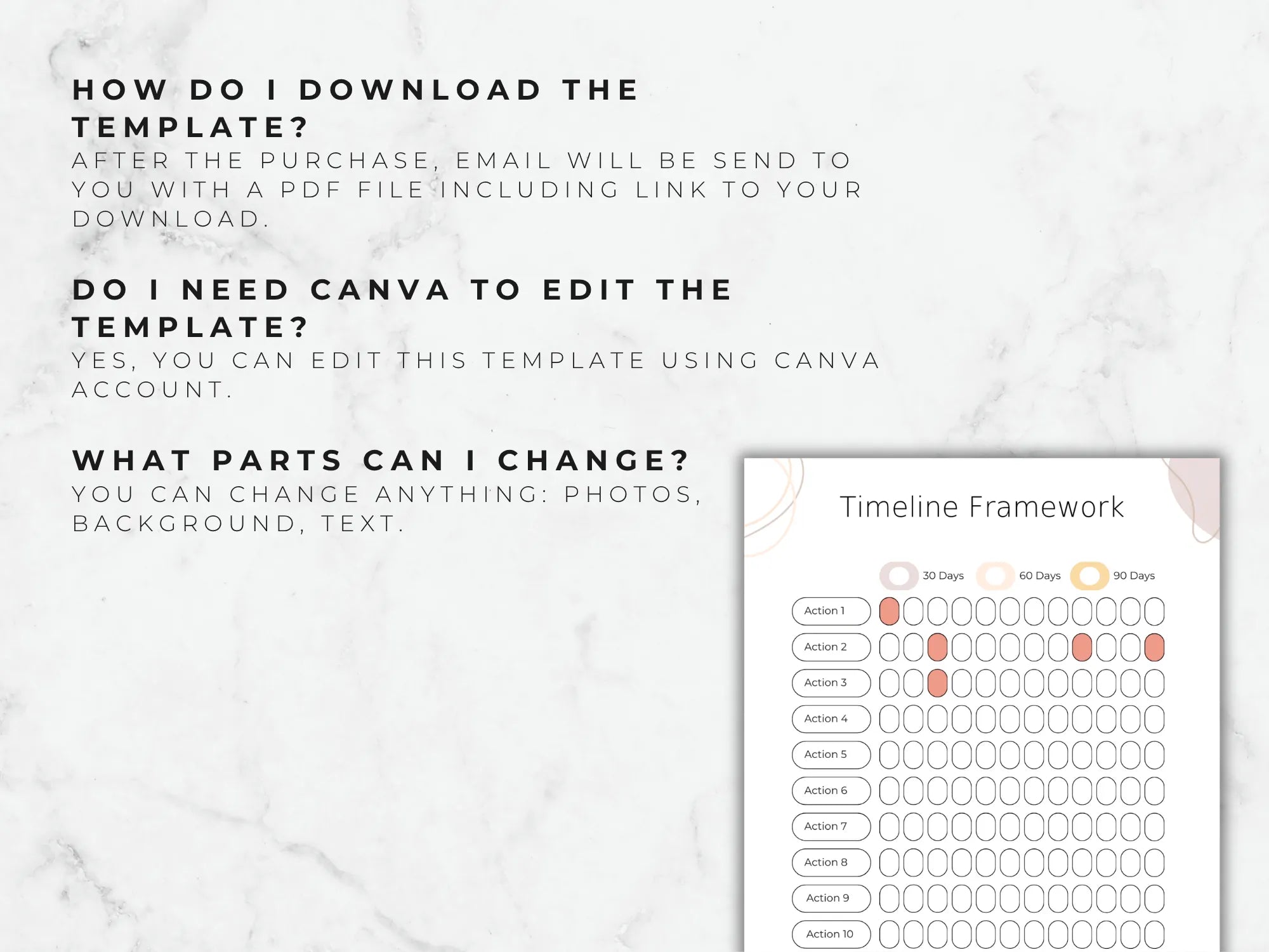 Timeline framework template with text instructions on a marble background