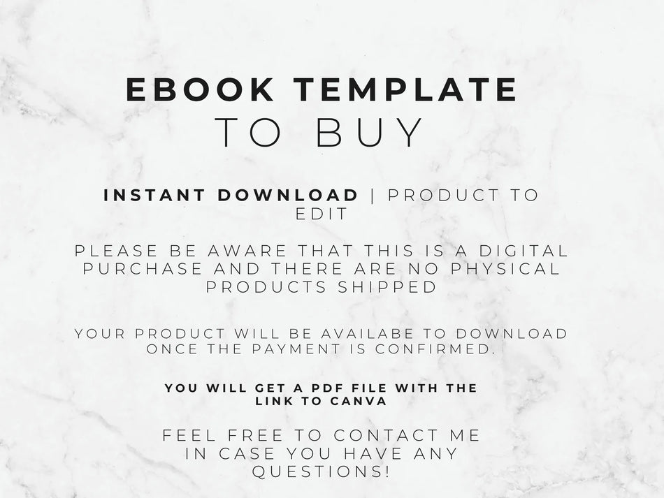 Text on a white marble background about an ebook template for purchase.