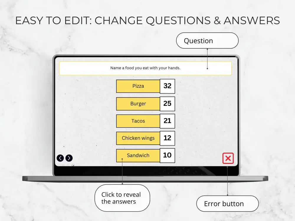 A digital mockup of an editable survey or quiz template displayed on a laptop screen, with callout labels pointing to the question box, answers, and error button. The background is a light marble texture.