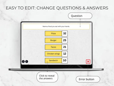 A digital mockup of an editable survey or quiz template displayed on a laptop screen, with callout labels pointing to the question box, answers, and error button. The background is a light marble texture.
