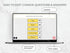 A digital mockup of an editable survey or quiz template displayed on a laptop screen, with callout labels pointing to the question box, answers, and error button. The background is a light marble texture.