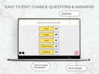A digital mockup of an editable survey or quiz template displayed on a laptop screen, with callout labels pointing to the question box, answers, and error button. The background is a light marble texture.