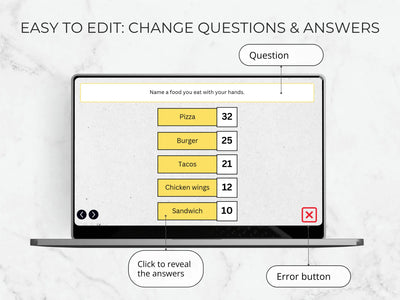 A digital mockup of an editable survey or quiz template displayed on a laptop screen, with callout labels pointing to the question box, answers, and error button. The background is a light marble texture.