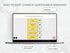 A digital mockup of an editable survey or quiz template displayed on a laptop screen, with callout labels pointing to the question box, answers, and error button. The background is a light marble texture.