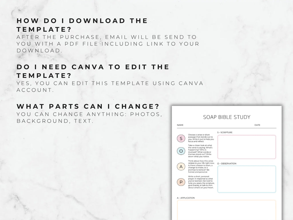 SOAP Bible Study template on a marble background with text instructions.