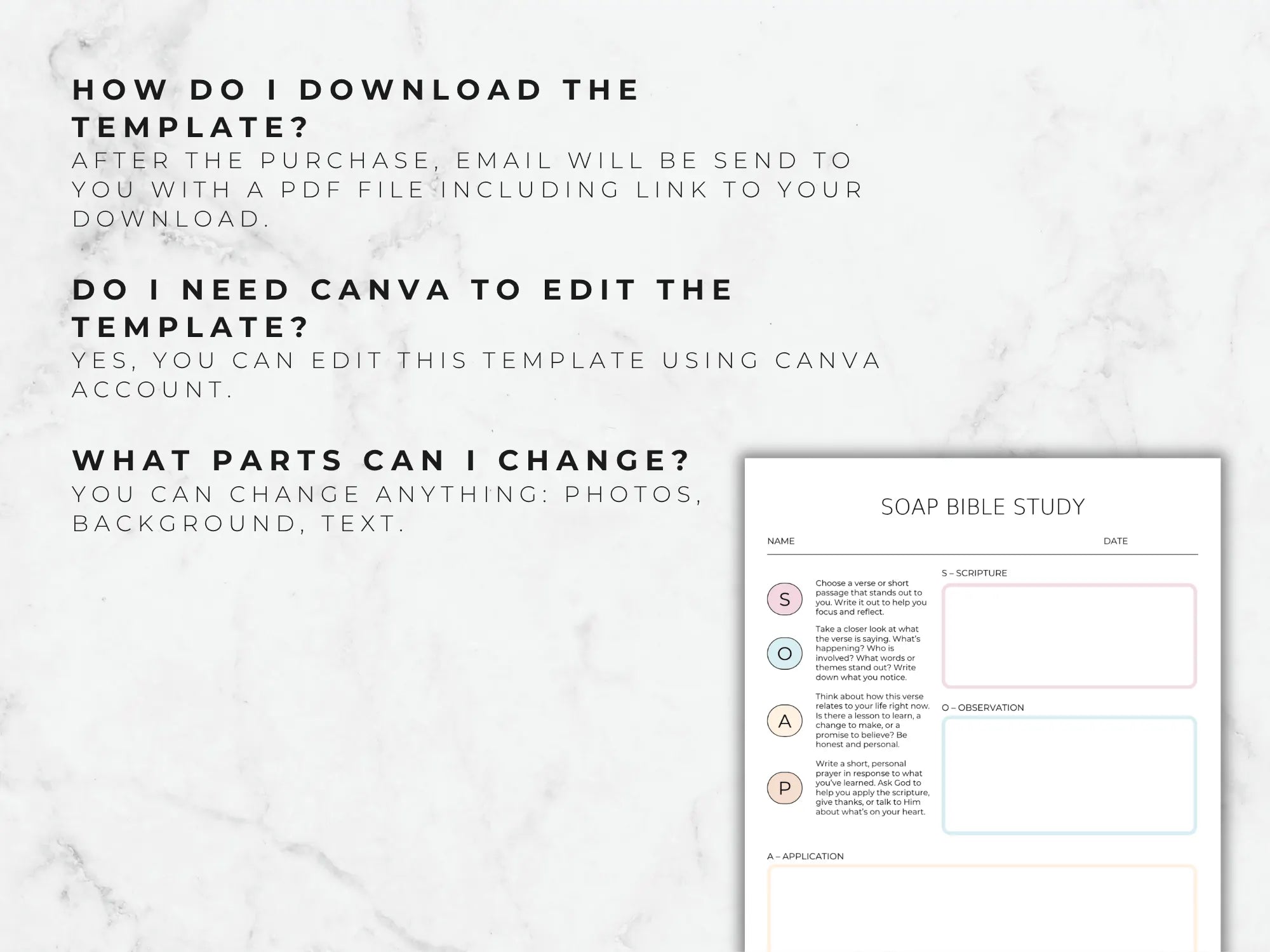 SOAP Bible Study template on a marble background with text instructions.