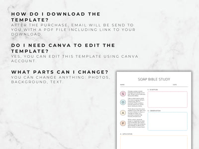 SOAP Bible Study template on a marble background with text instructions.