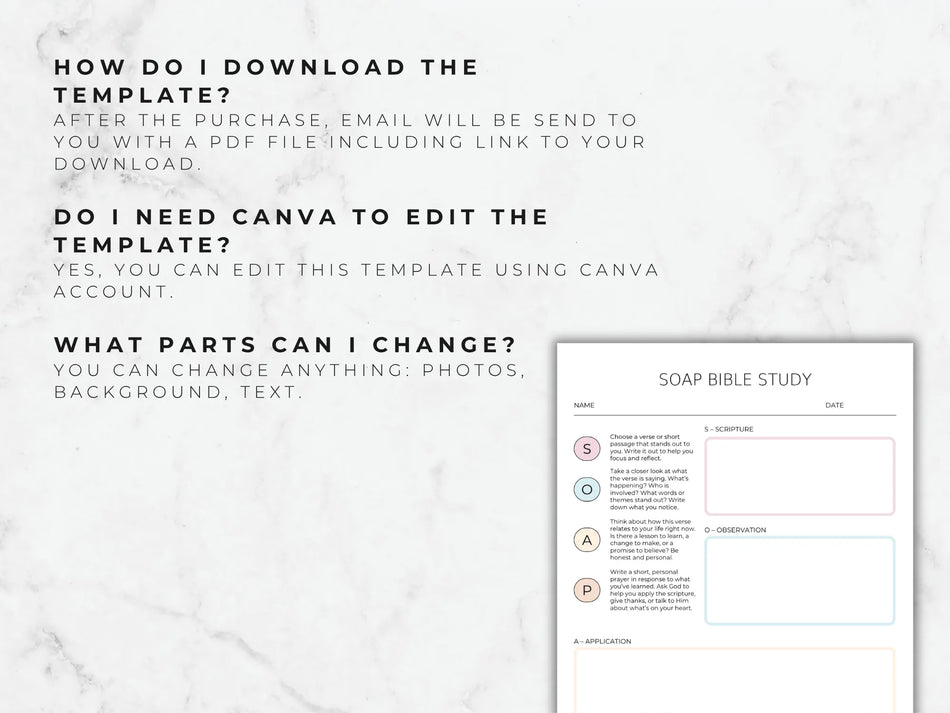 SOAP Bible Study template on a marble background with text instructions.