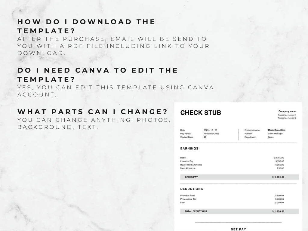 Check stub template with text instructions on a marble background