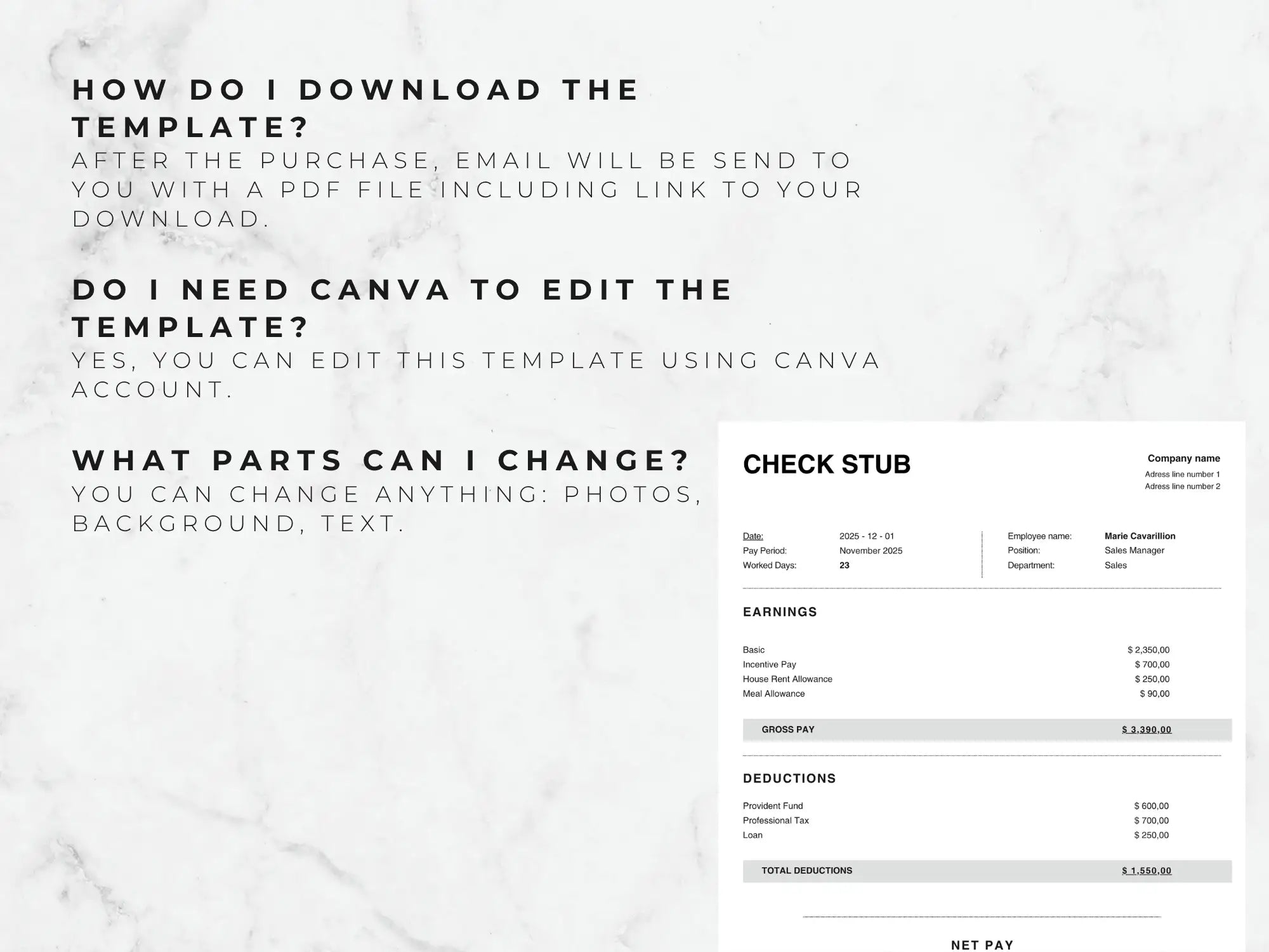 Check stub template with text instructions on a marble background