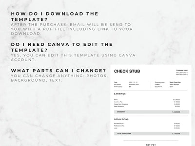 Check stub template with text instructions on a marble background