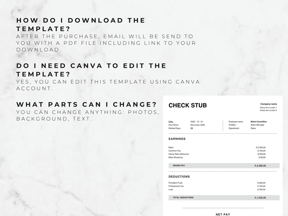 Check stub template with text instructions on a marble background