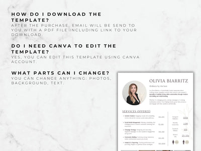 Resume template with a marble background and text instructions on how to download and edit the template.