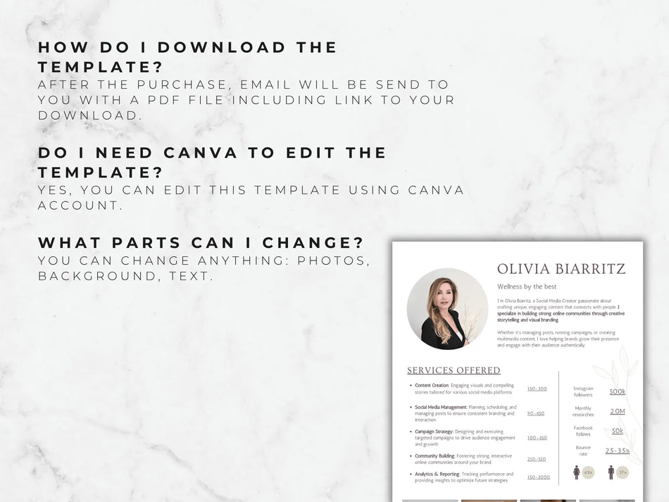 Resume template with a marble background and text instructions on how to download and edit the template.