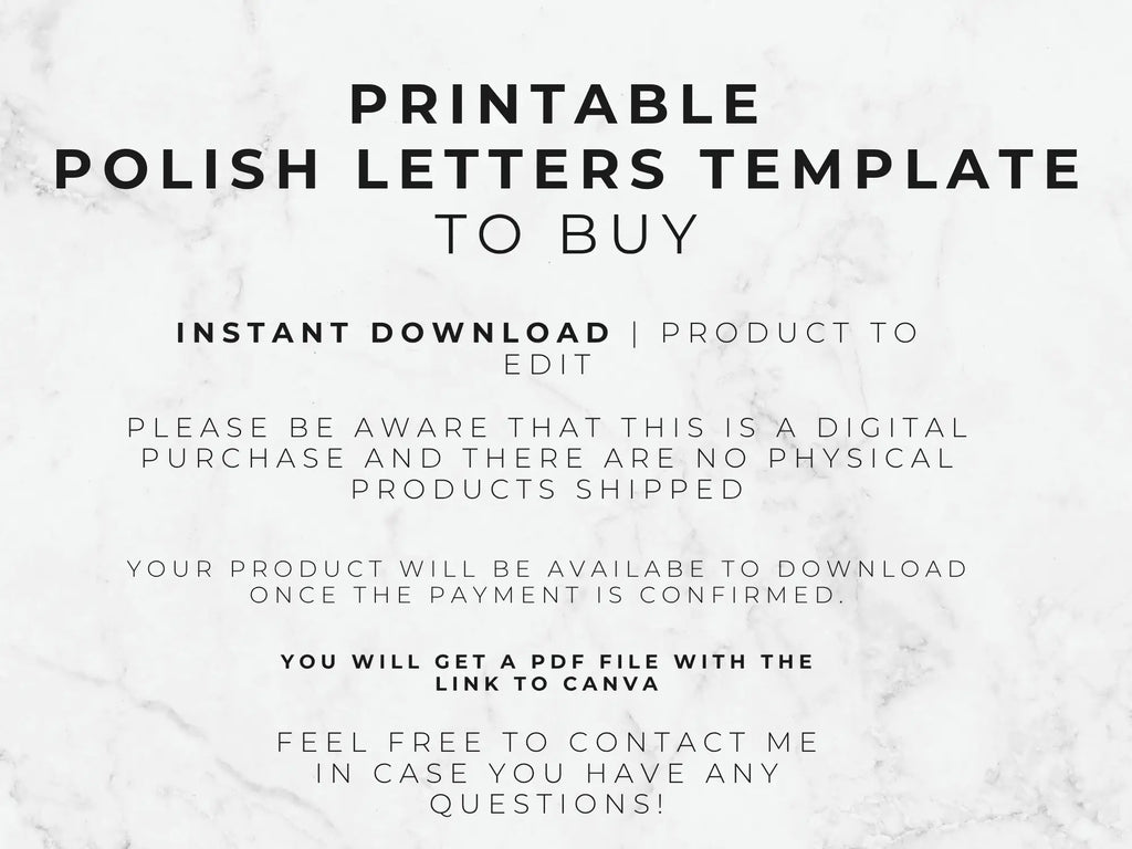 A digital template preview for a printable Polish letters to buy list on a white marble background, with black text detailing an instant download product to edit.
