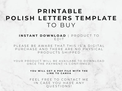 A digital template preview for a printable Polish letters to buy list on a white marble background, with black text detailing an instant download product to edit.