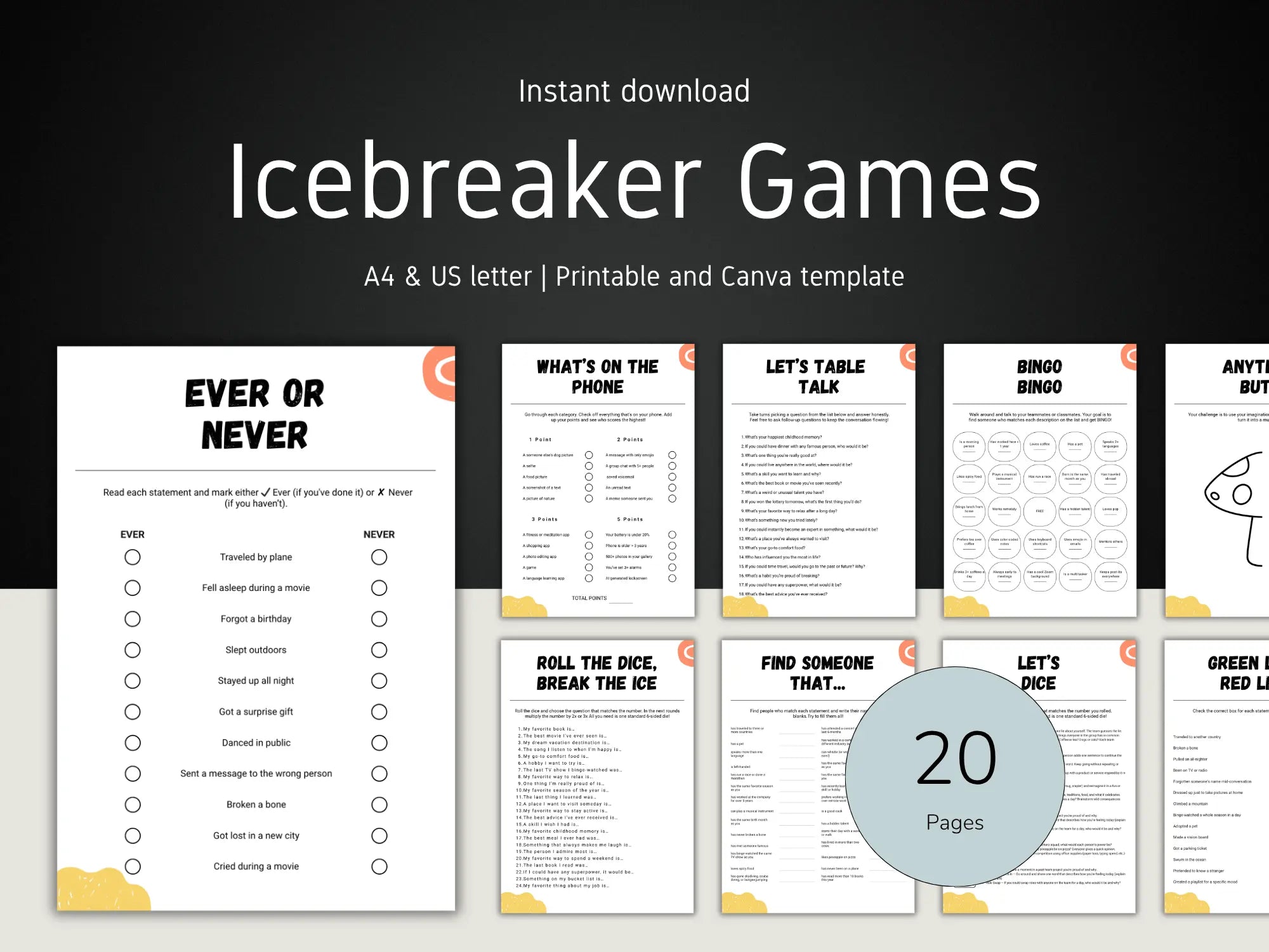 Digital preview of an 'Instant download Icebreaker Games' printable template set, showing multiple game page designs on a dark background with a large '20 Pages' badge.