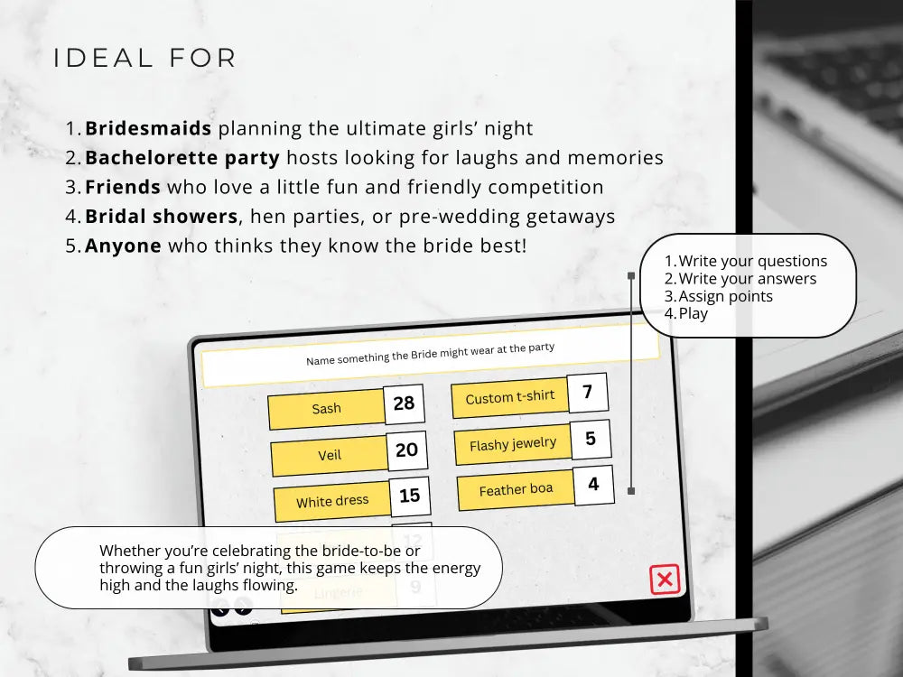 Promotional graphic for a bridal shower game card set, showing a laptop screen with a game board and text callouts explaining how the game works, set against a white and gray marble background.