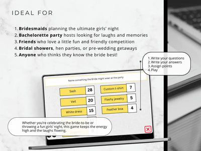 Promotional graphic for a bridal shower game card set, showing a laptop screen with a game board and text callouts explaining how the game works, set against a white and gray marble background.