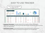 Employee information tracker with charts and text on a light background
