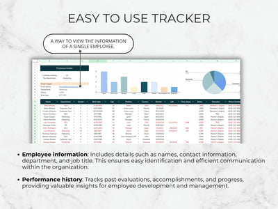 Employee information tracker with charts and text on a light background