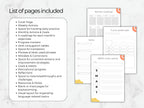 List of pages included in a planner with various sections on a marble background