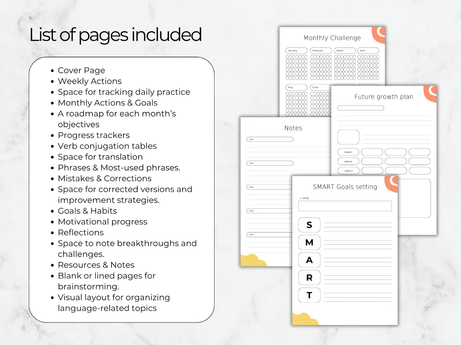 List of pages included in a planner with various sections on a marble background